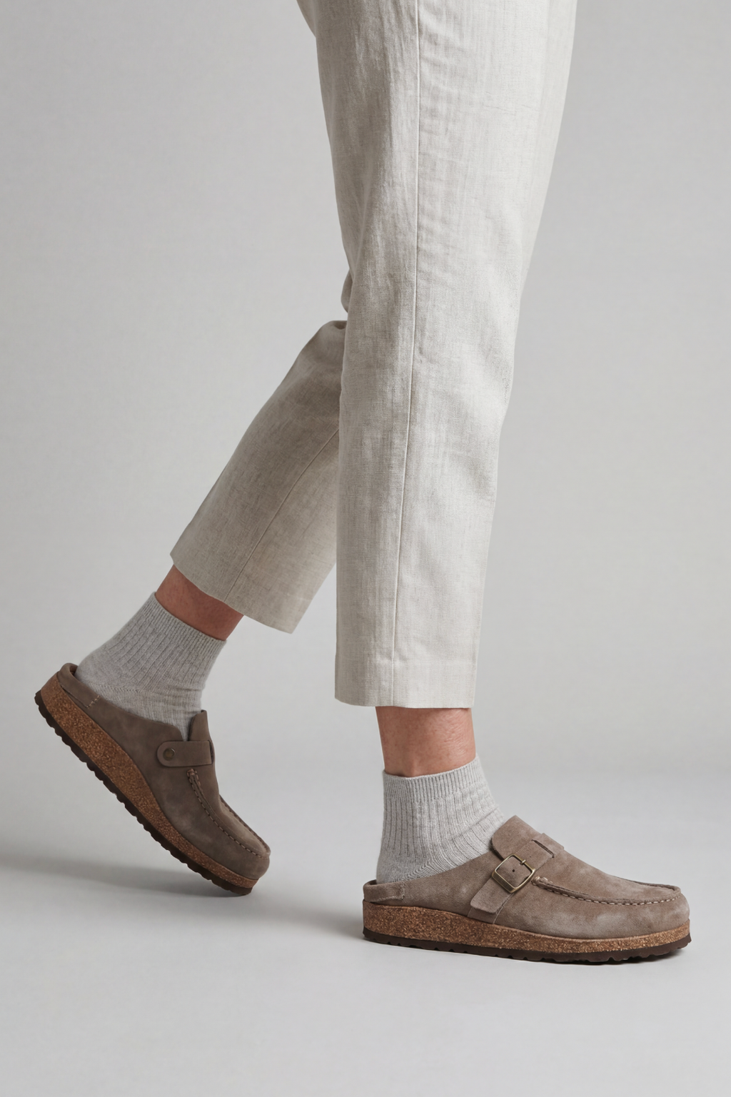 Suede Clog Mules Taupe Buckle Strap Women's Cork Footbed Slip-On – Casual, Everyday