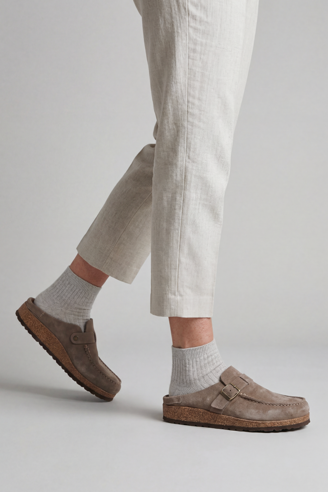 Suede Clog Mules Taupe Buckle Strap Women's Cork Footbed Slip-On – Casual, Everyday