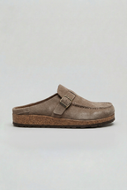Suede Clog Mules Taupe Buckle Strap Women's Cork Footbed Slip-On – Casual, Everyday