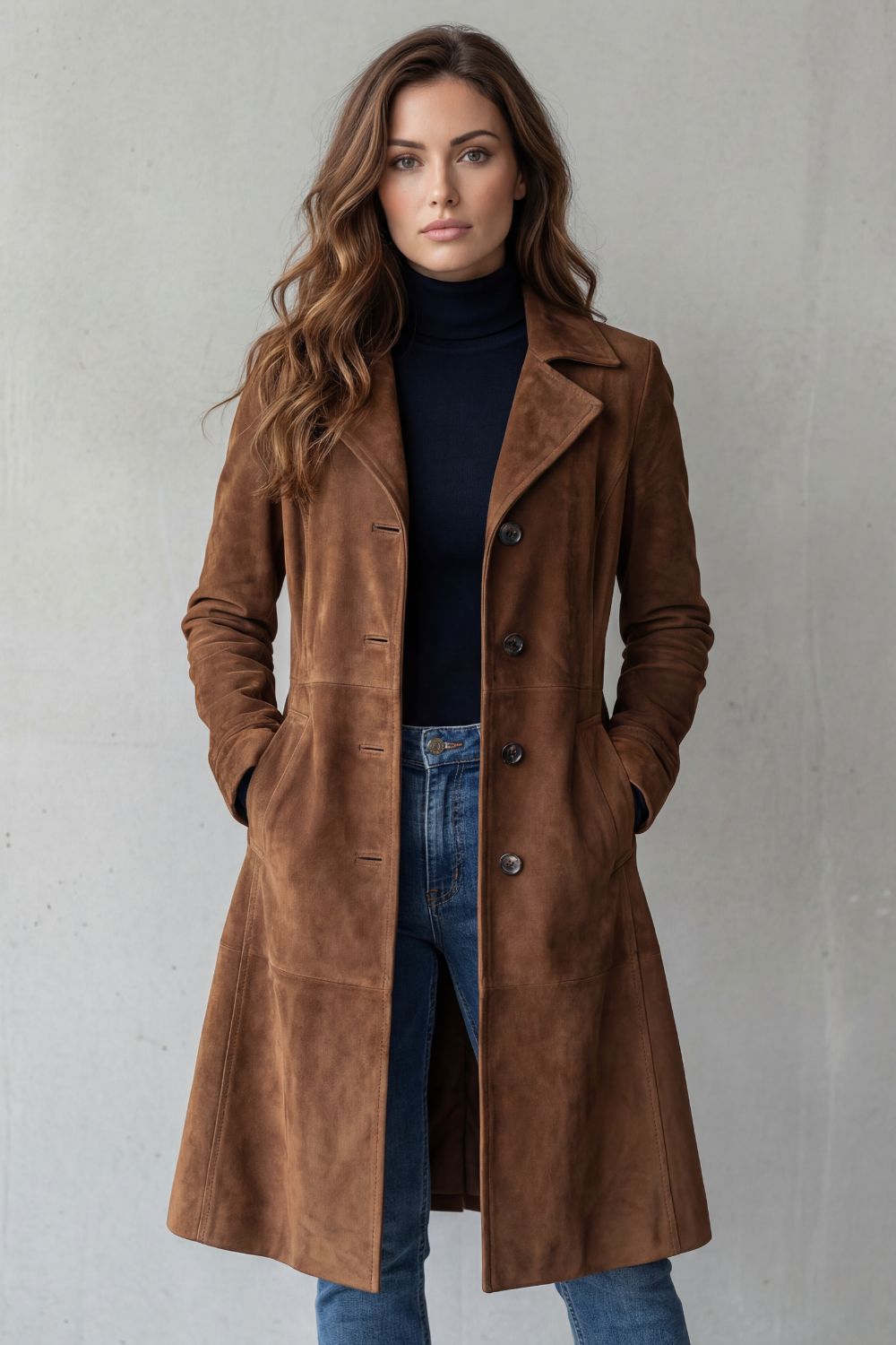 Suede Coat Longline Brown Women's – Casual, Office, Holiday, Gift · Werune