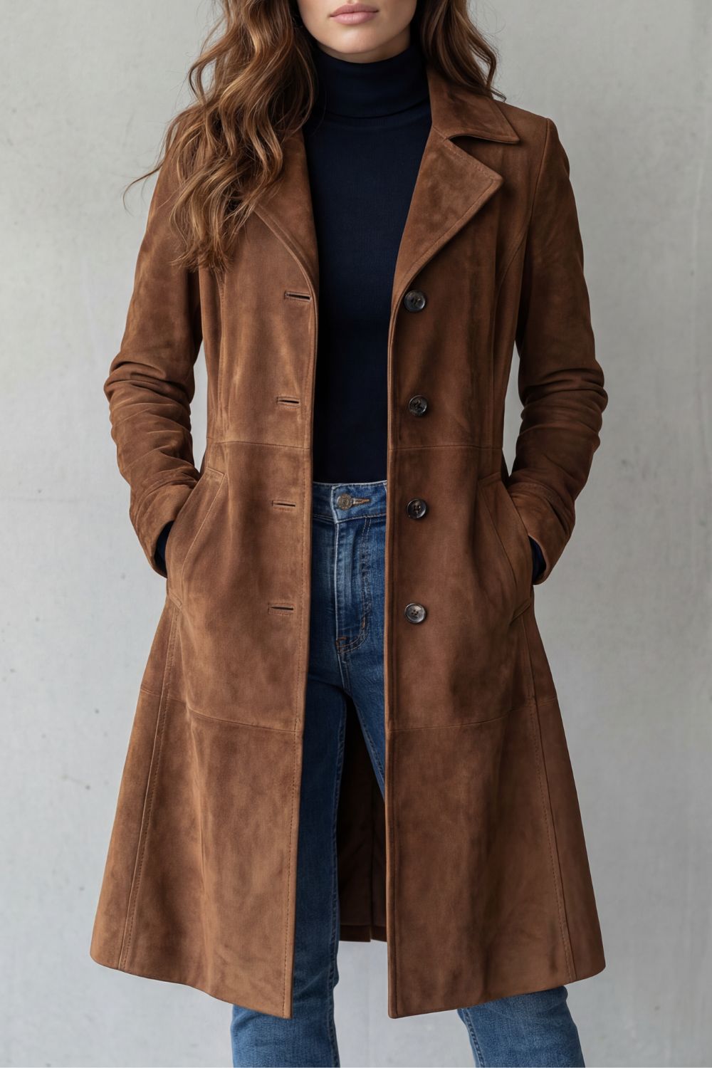 Suede Coat Longline Brown Women's – Casual, Office, Holiday, Gift · Werune