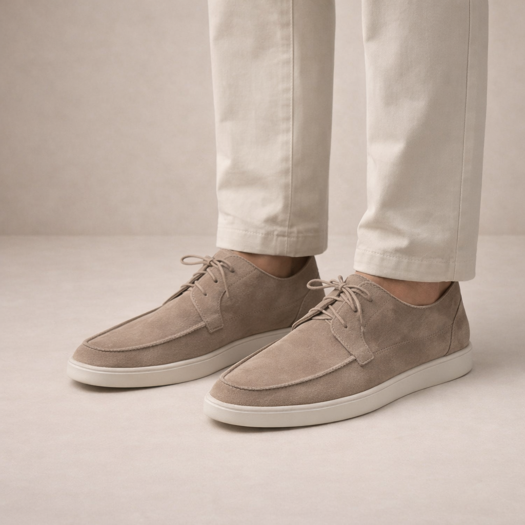 Suede Loafers Men's Taupe Lace-Up Moccasin Shoes White Sole – Casual, Office, Holiday, Gift