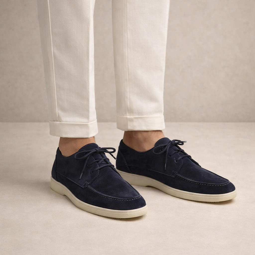 Suede Loafers Men's Taupe Lace-Up Moccasin Shoes White Sole – Casual, Office, Holiday, Gift