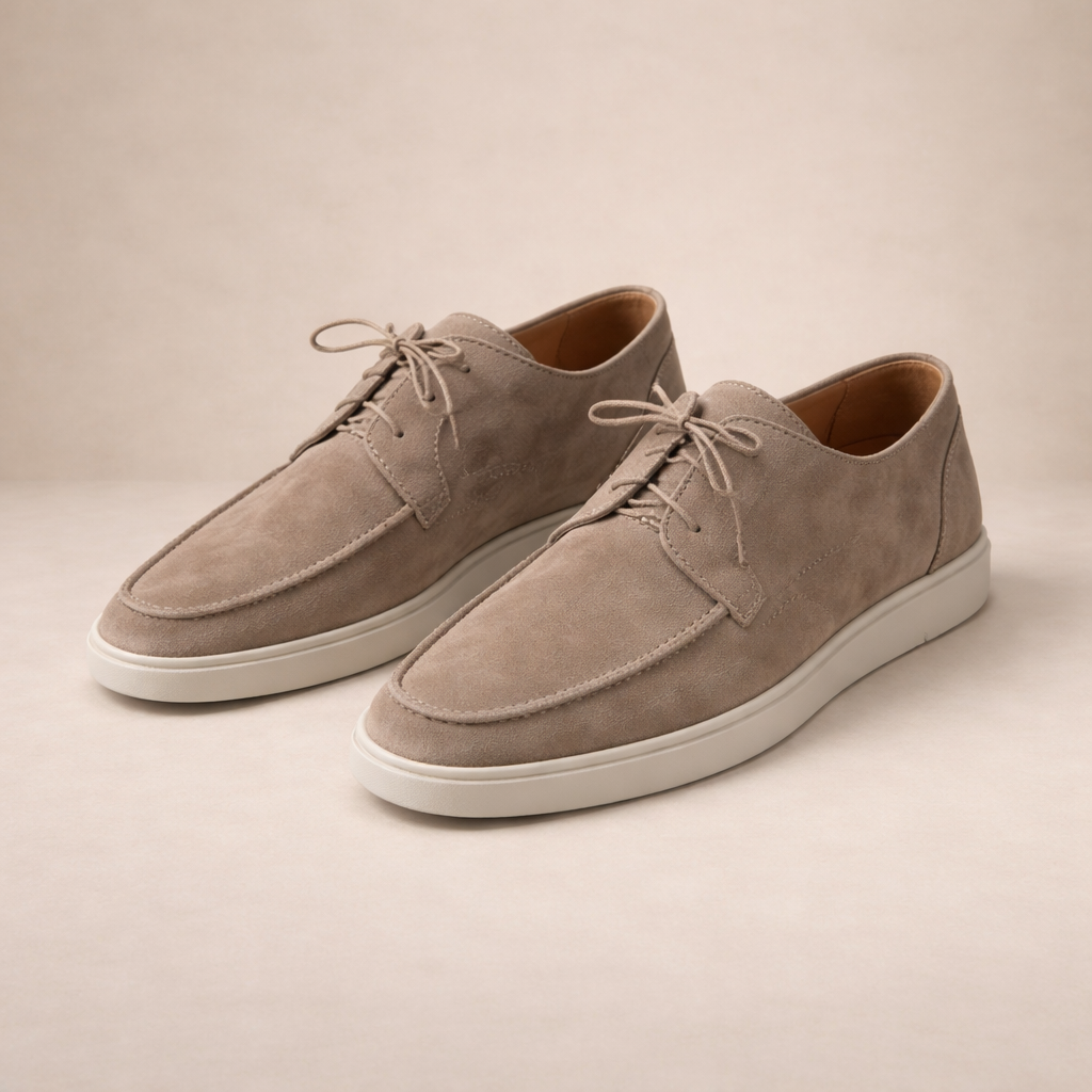 Suede Loafers Men's Taupe Lace-Up Moccasin Shoes White Sole – Casual, Office, Holiday, Gift