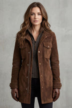 Suede Longline Coat Women's Brown Leather Mid-Length Jacket – Casual, Office, Holiday, Gift