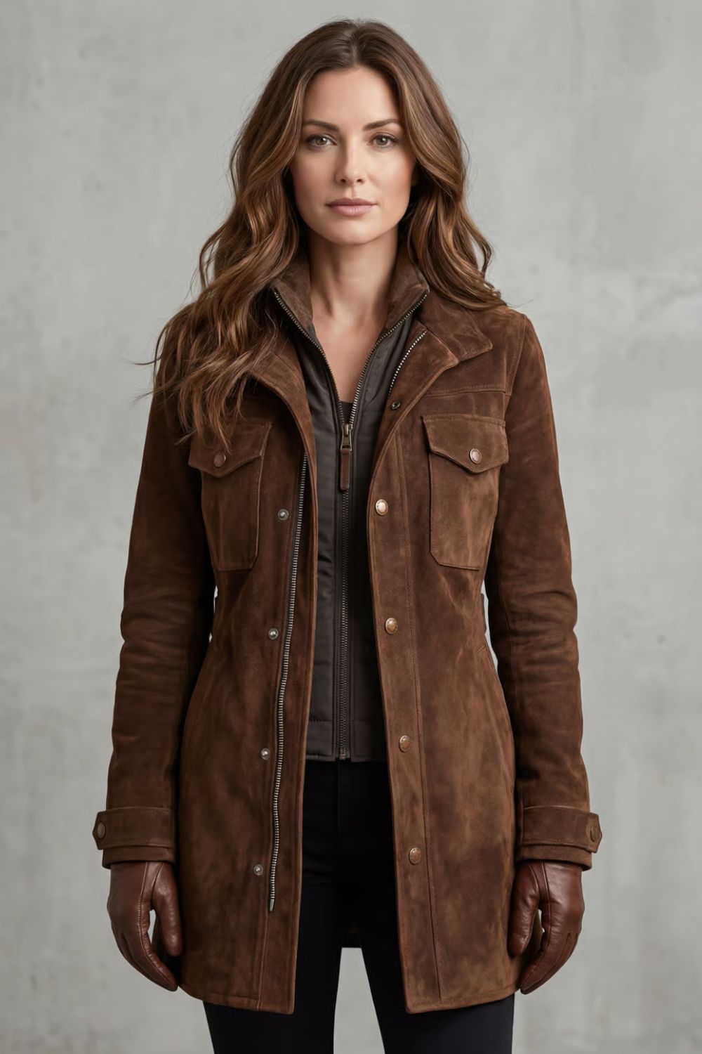 Suede Longline Coat Women's Brown Leather Mid-Length Jacket – Casual, Office, Holiday, Gift
