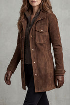 Suede Longline Coat Women's Brown Leather Mid-Length Jacket – Casual, Office, Holiday, Gift
