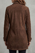 Suede Longline Coat Women's Brown Leather Mid-Length Jacket – Casual, Office, Holiday, Gift