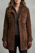 Suede Longline Coat Women's Brown Leather Mid-Length Jacket – Casual, Office, Holiday, Gift