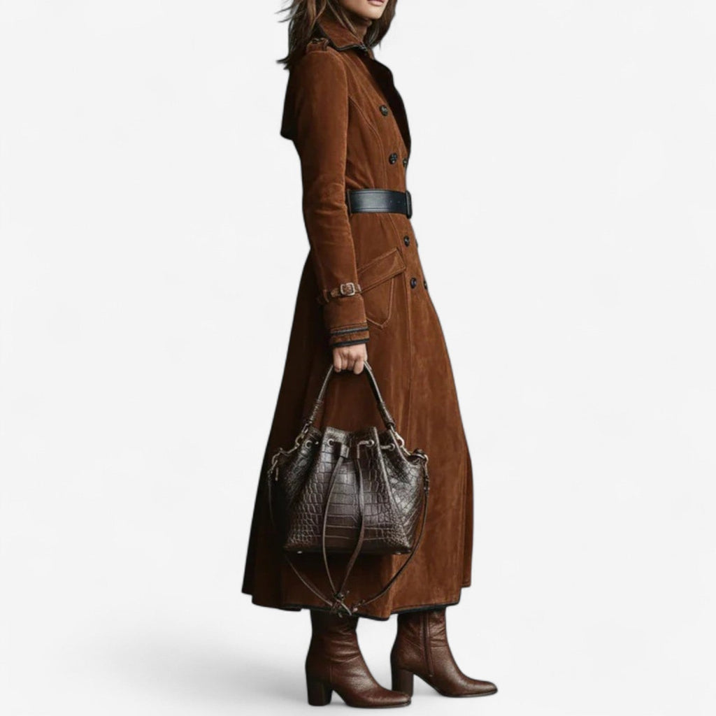 Suede Trench Coat Long Brown Double-Breasted Women's – Casual, Office, Holiday, Gift