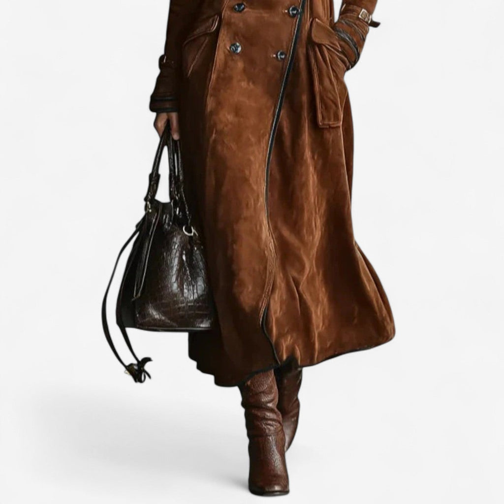 Suede Trench Coat Long Brown Double-Breasted Women's – Casual, Office, Holiday, Gift