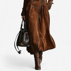 Suede Trench Coat Long Brown Double-Breasted Women's – Casual, Office, Holiday, Gift