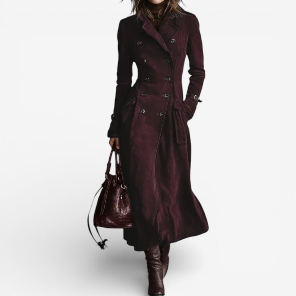 Suede Trench Coat Long Brown Double-Breasted Women's – Casual, Office, Holiday, Gift