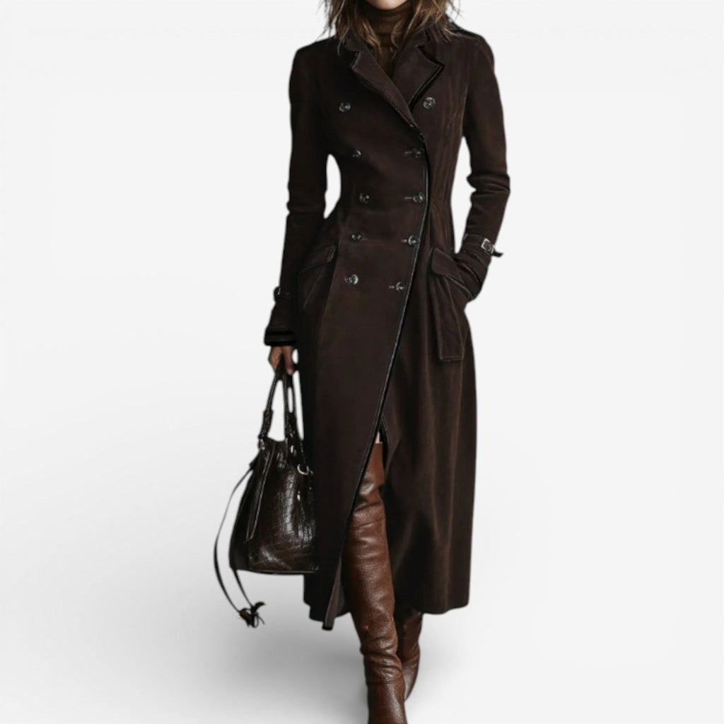 Suede Trench Coat Long Brown Double-Breasted Women's – Casual, Office, Holiday, Gift