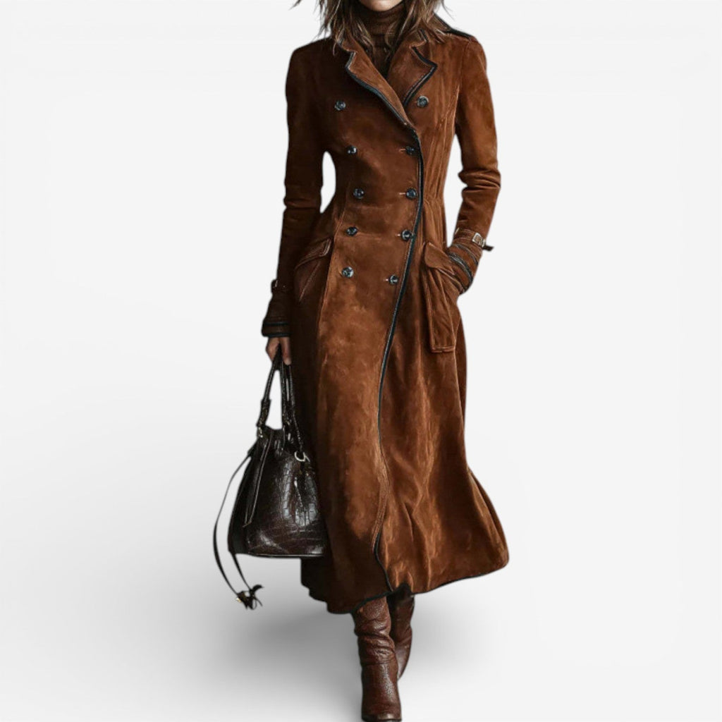Suede Trench Coat Long Brown Double-Breasted Women's – Casual, Office, Holiday, Gift