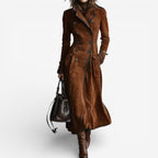 Suede Trench Coat Long Brown Double-Breasted Women's – Casual, Office, Holiday, Gift