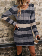 Sweater Dress Colour-Block Knit Women's V-Neck Long Sleeve – Casual, Autumn Everyday Wear