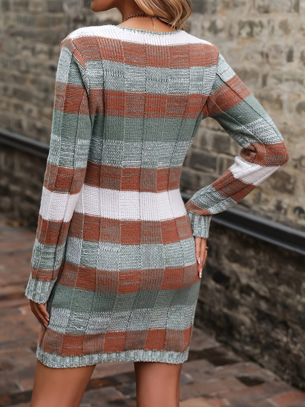 Sweater Dress Colour-Block Knit Women's V-Neck Long Sleeve – Casual, Autumn Everyday Wear