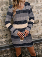 Sweater Dress Colour-Block Knit Women's V-Neck Long Sleeve – Casual, Autumn Everyday Wear