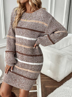 Sweater Dress Striped Knit Women's Long Sleeve Crew Neck Brown – Casual, Autumn Winter Layering