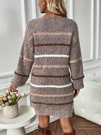 Sweater Dress Striped Knit Women's Long Sleeve Crew Neck Brown – Casual, Autumn Winter Layering
