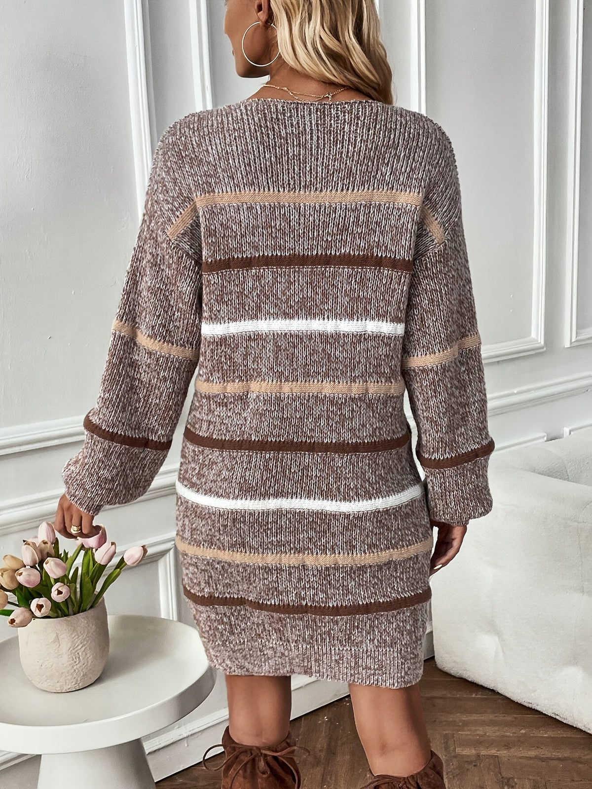 Sweater Dress Striped Knit Women's Long Sleeve Crew Neck Brown – Casual, Autumn Winter Layering