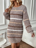 Sweater Dress Striped Knit Women's Long Sleeve Crew Neck Brown – Casual, Autumn Winter Layering