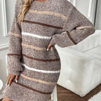 Sweater Dress Striped Knit Women's Long Sleeve Crew Neck Brown – Casual, Autumn Winter Layering