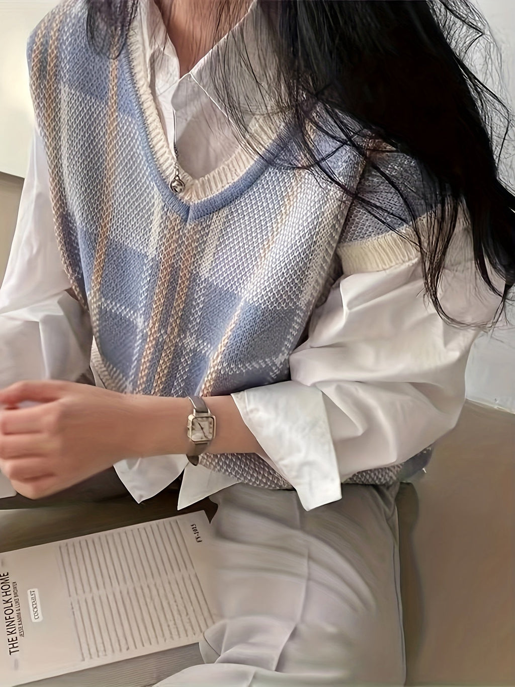 Sweater Vest Argyle Plaid Knit V-Neck Women's – Casual, Office, Layering, Gift · Werune