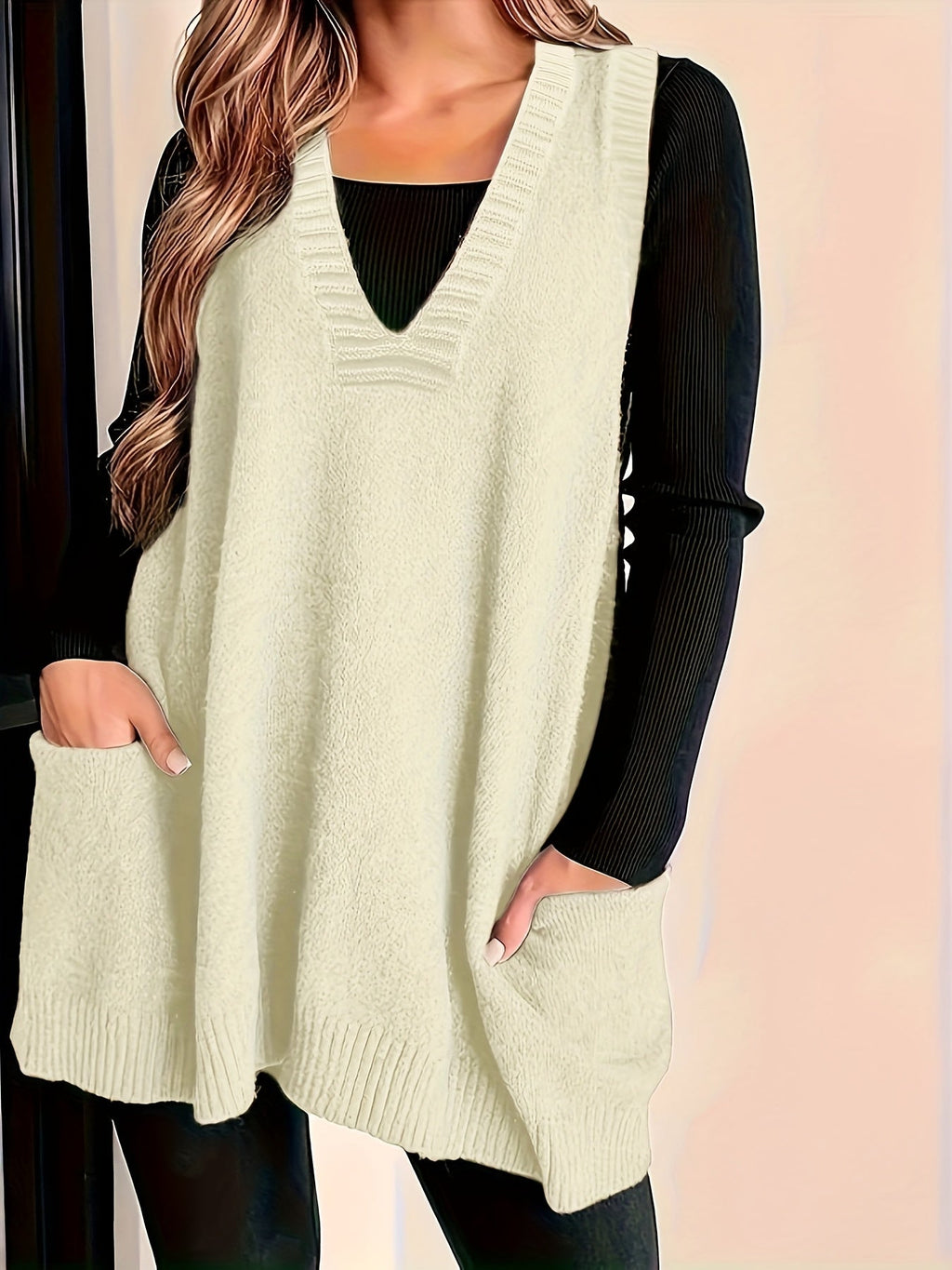 Sweater Vest Knit V-Neck Longline Women's with Pockets – Casual, Layering, Office, Gift