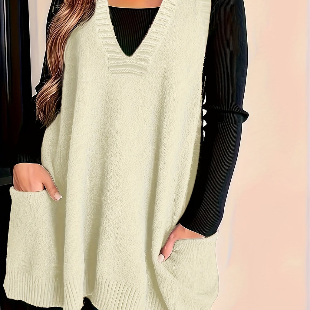 Sweater Vest Knit V-Neck Longline Women's with Pockets – Casual, Layering, Office, Gift