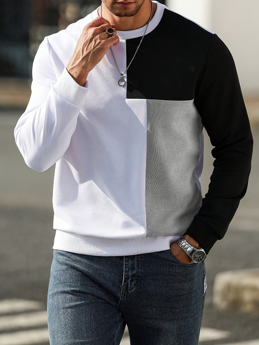Sweatshirt Colour-Block Long Sleeve Men's Crew Neck – Casual, Everyday · Werune