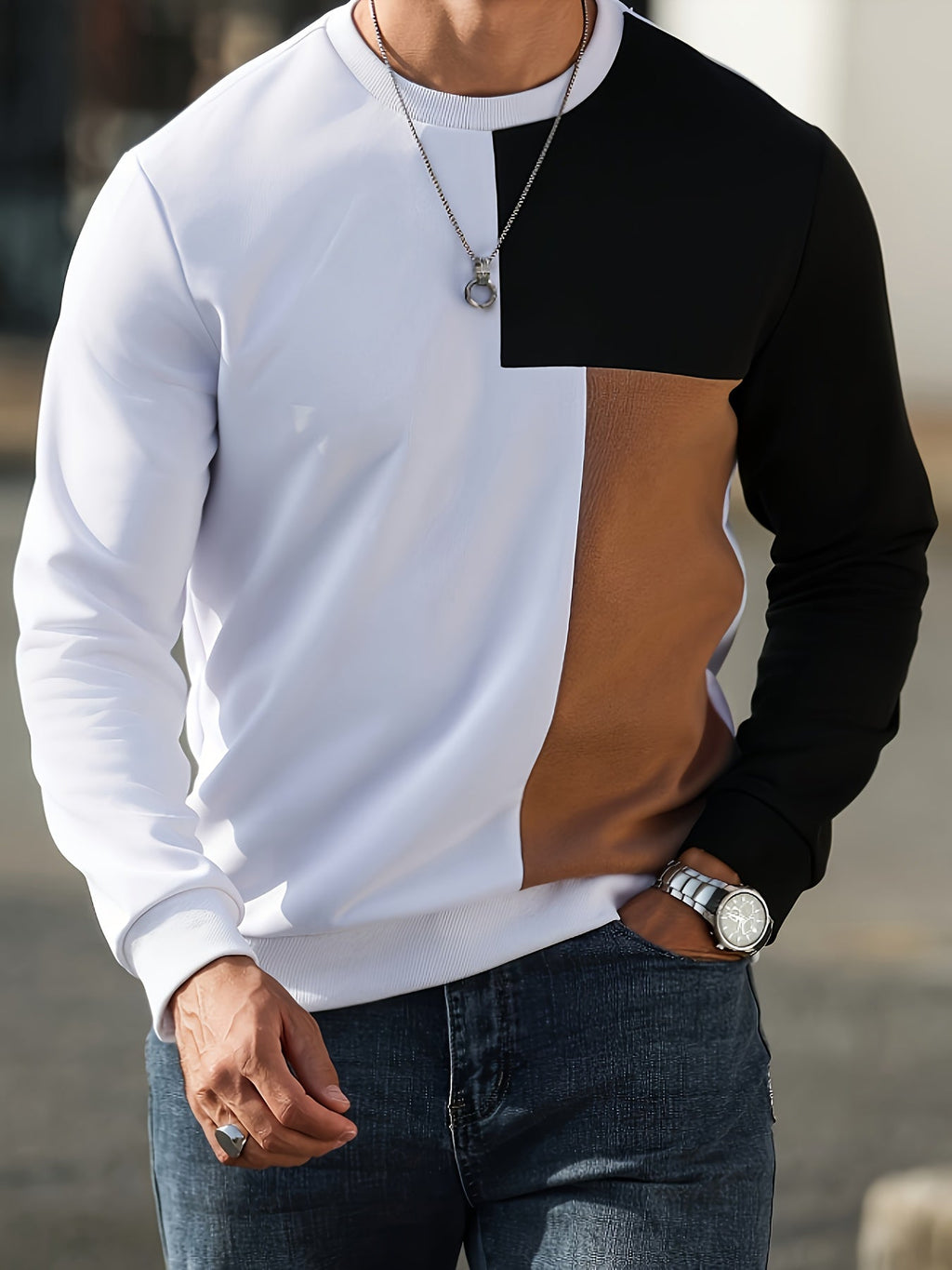 Sweatshirt Colour-Block Long Sleeve Men's Crew Neck – Casual, Everyday · Werune