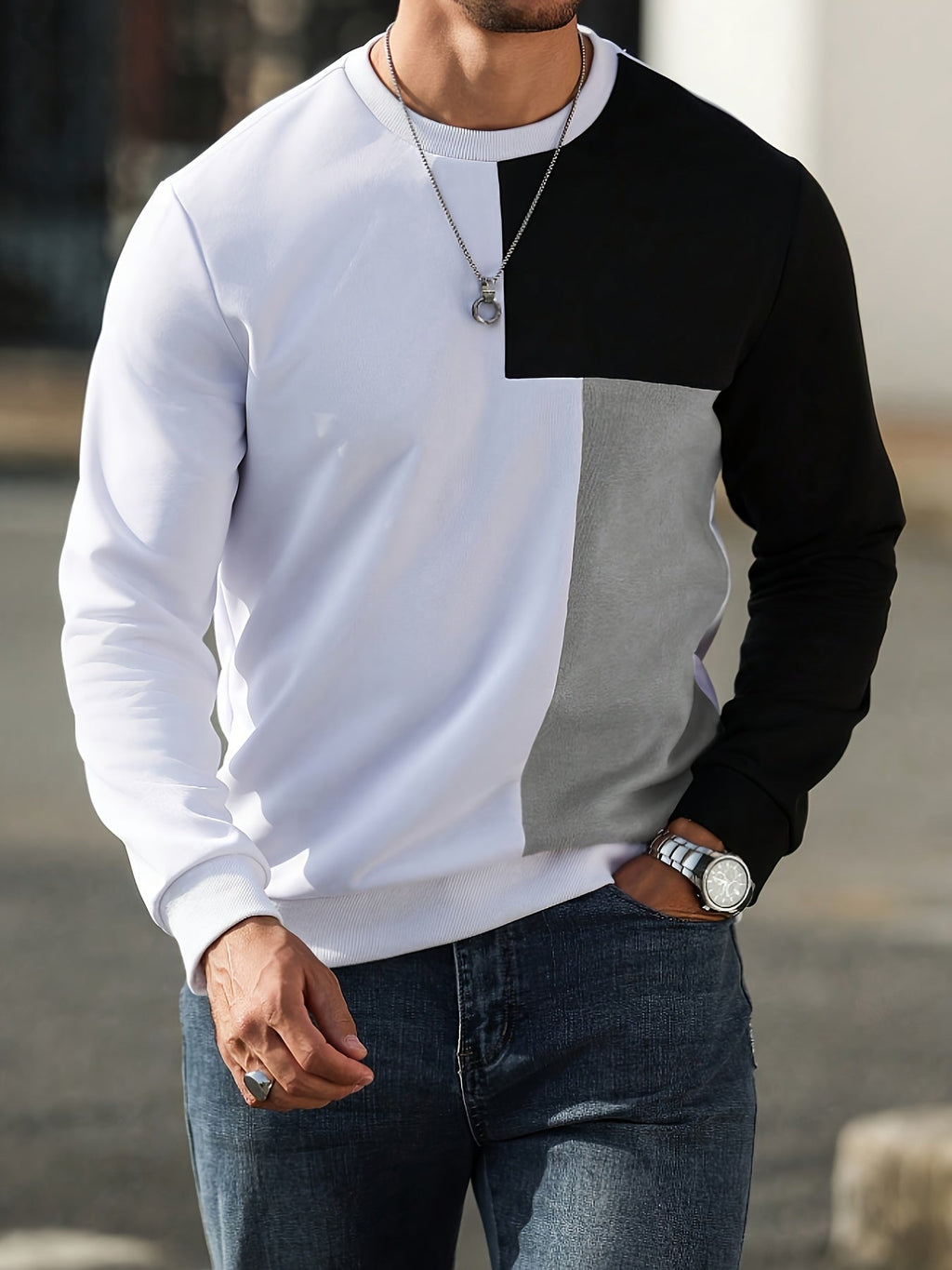 Sweatshirt Colour-Block Long Sleeve Men's Crew Neck – Casual, Everyday · Werune