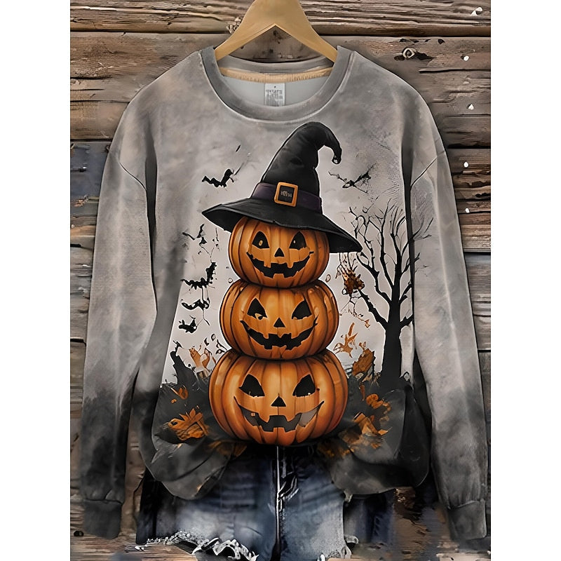 Sweatshirt Women's Orange Black Striped Cat Print Crew Neck – Halloween, Casual, Autumn, Gift
