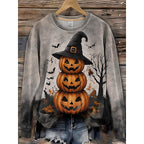 Sweatshirt Women's Orange Black Striped Cat Print Crew Neck – Halloween, Casual, Autumn, Gift