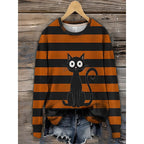 Sweatshirt Women's Orange Black Striped Cat Print Crew Neck – Halloween, Casual, Autumn, Gift