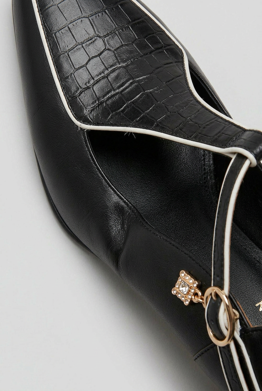 T-Bar Heels Black Faux Leather Gold Trim Women's Pointed Court Shoes – Office, Party, Evening, Gift