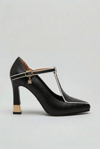 T-Bar Heels Black Faux Leather Gold Trim Women's Pointed Court Shoes – Office, Party, Evening, Gift