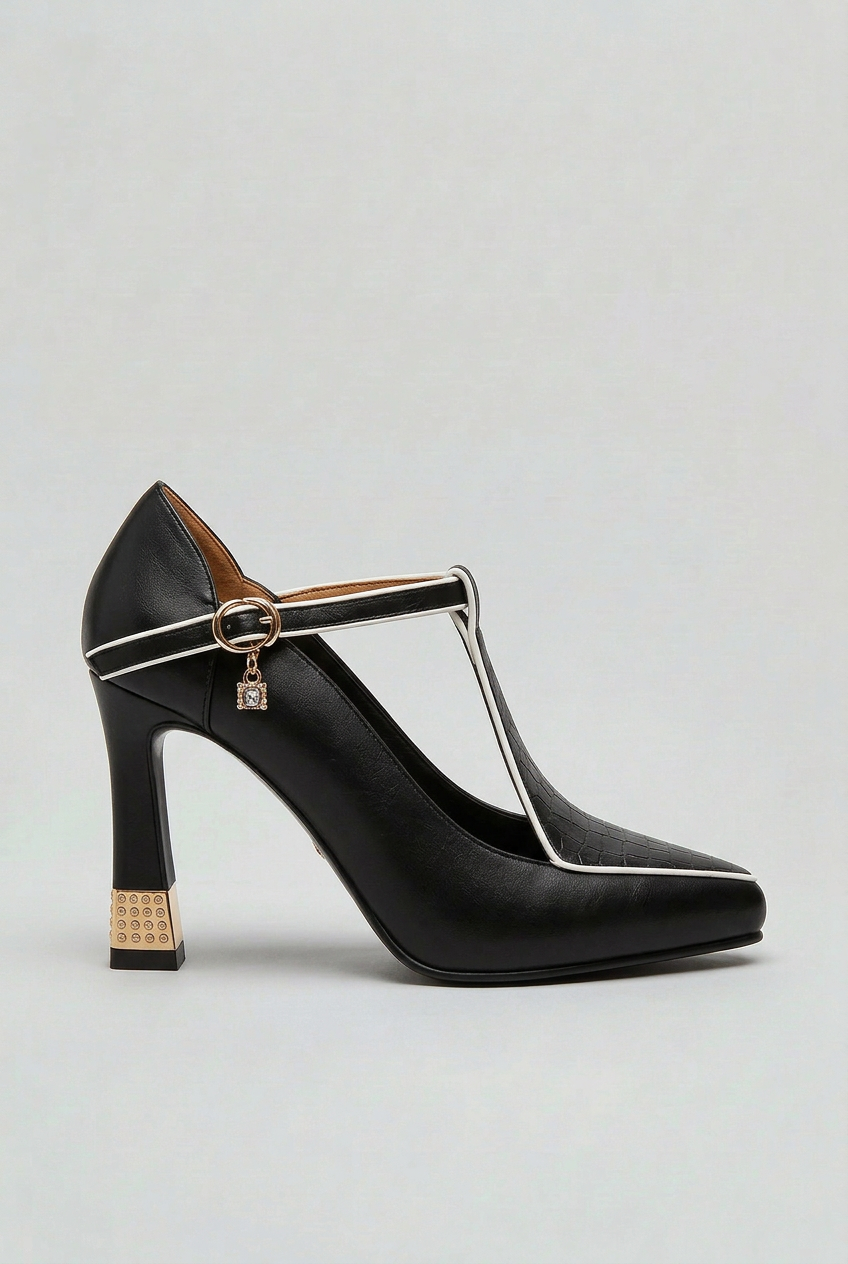 T-Bar Heels Black Faux Leather Gold Trim Women's Pointed Court Shoes – Office, Party, Evening, Gift