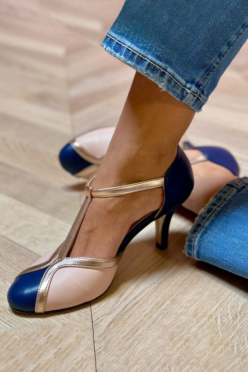 T-Strap Heels Women's Navy Nude Rose Gold Color-Block Pumps – Office, Party, Wedding, Everyday Wear