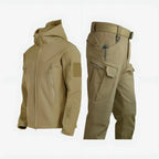 Tactical Softshell Set Men's Black Hooded Jacket & Cargo Trousers – Outdoor, Hiking, Waterproof Casual