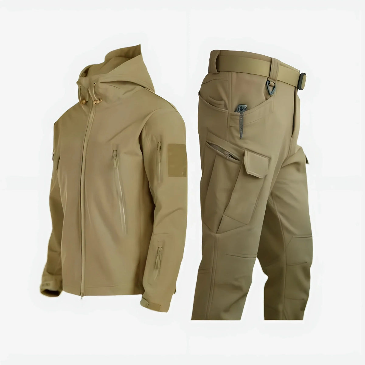 Tactical Softshell Set Men's Black Hooded Jacket & Cargo Trousers – Outdoor, Hiking, Waterproof Casual