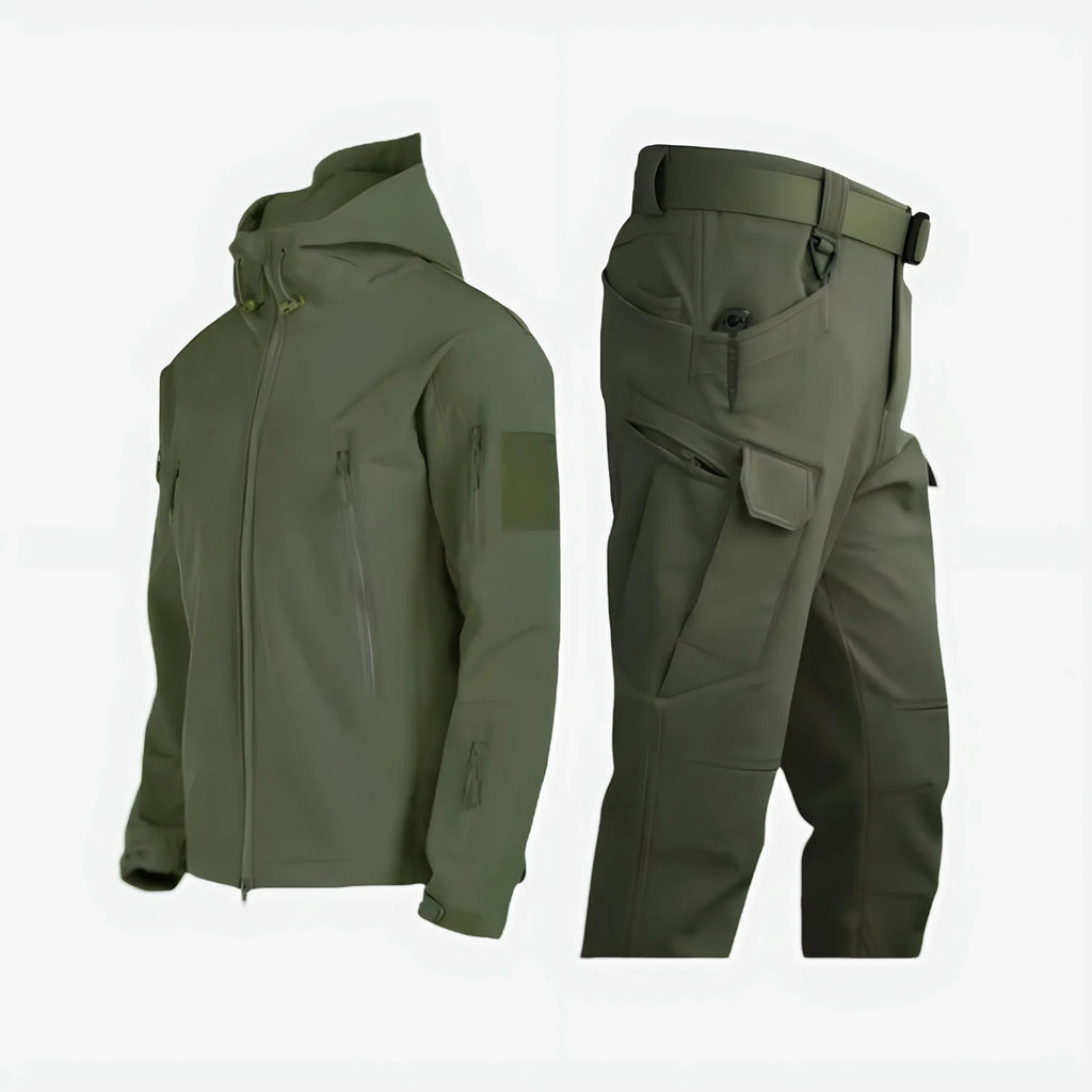 Tactical Softshell Set Men's Black Hooded Jacket & Cargo Trousers – Outdoor, Hiking, Waterproof Casual