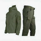 Tactical Softshell Set Men's Black Hooded Jacket & Cargo Trousers – Outdoor, Hiking, Waterproof Casual
