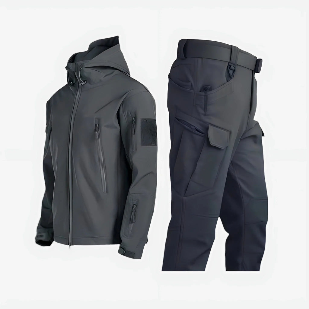 Tactical Softshell Set Men's Black Hooded Jacket & Cargo Trousers – Outdoor, Hiking, Waterproof Casual