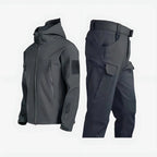 Tactical Softshell Set Men's Black Hooded Jacket & Cargo Trousers – Outdoor, Hiking, Waterproof Casual