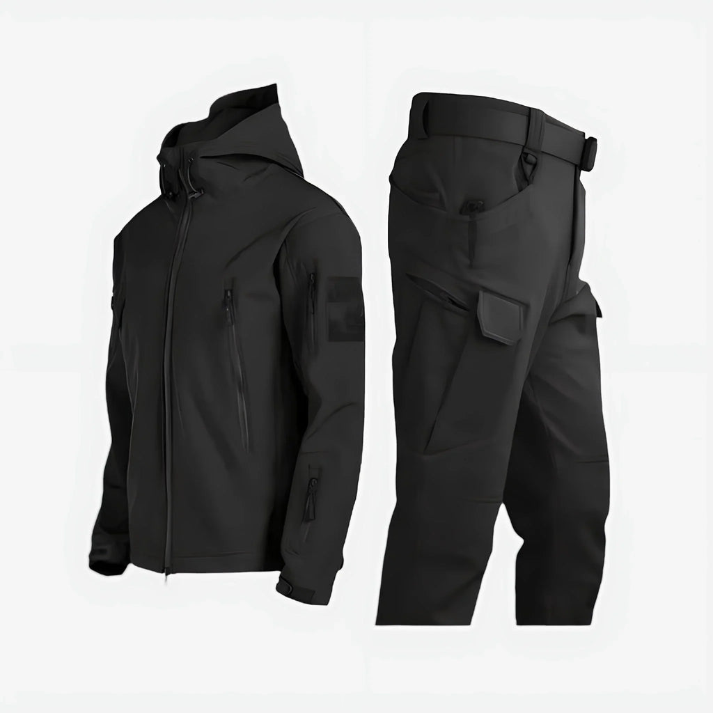 Tactical Softshell Set Men's Black Hooded Jacket & Cargo Trousers – Outdoor, Hiking, Waterproof Casual