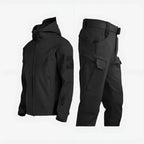 Tactical Softshell Set Men's Black Hooded Jacket & Cargo Trousers – Outdoor, Hiking, Waterproof Casual