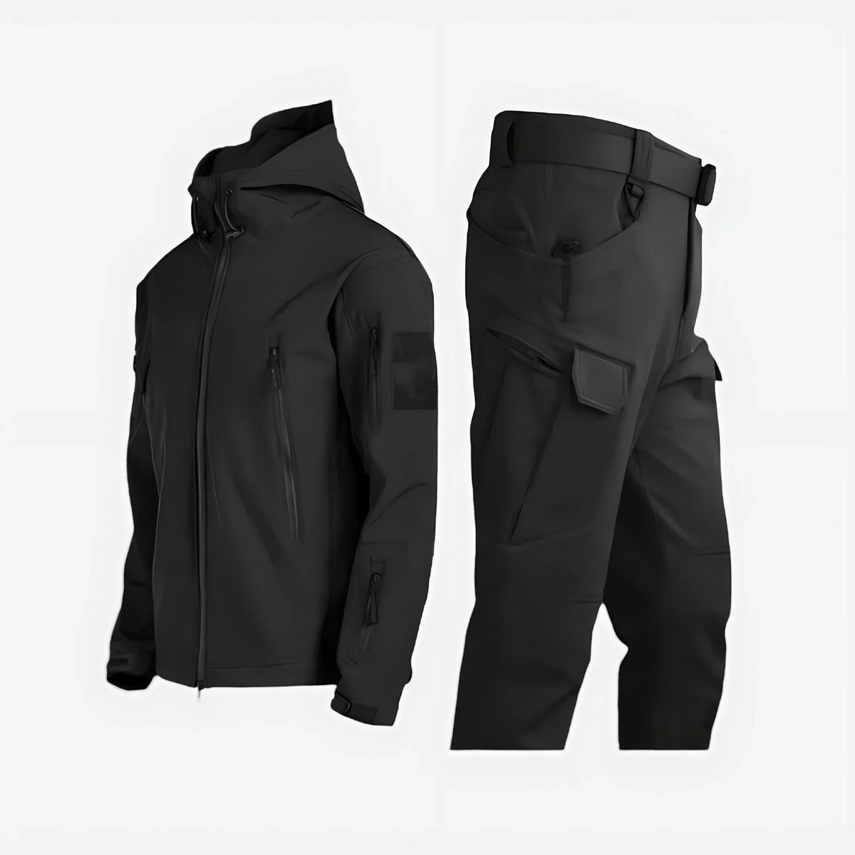 Tactical Softshell Set Men's Black Hooded Jacket & Cargo Trousers – Outdoor, Hiking, Waterproof Casual